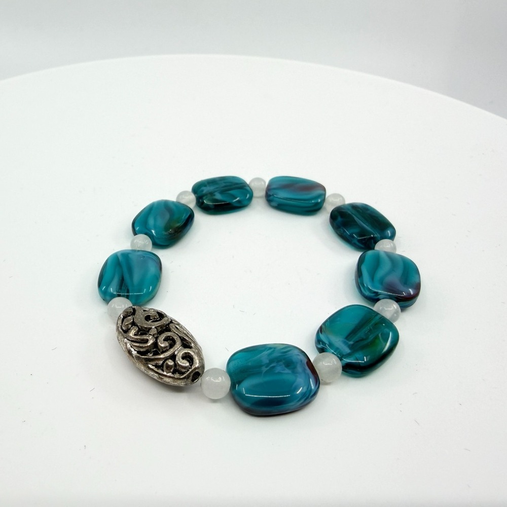 Vintage Y2K Teal Art Glass Swirl Stretch Bracelet Silver Tone Filigree Bead